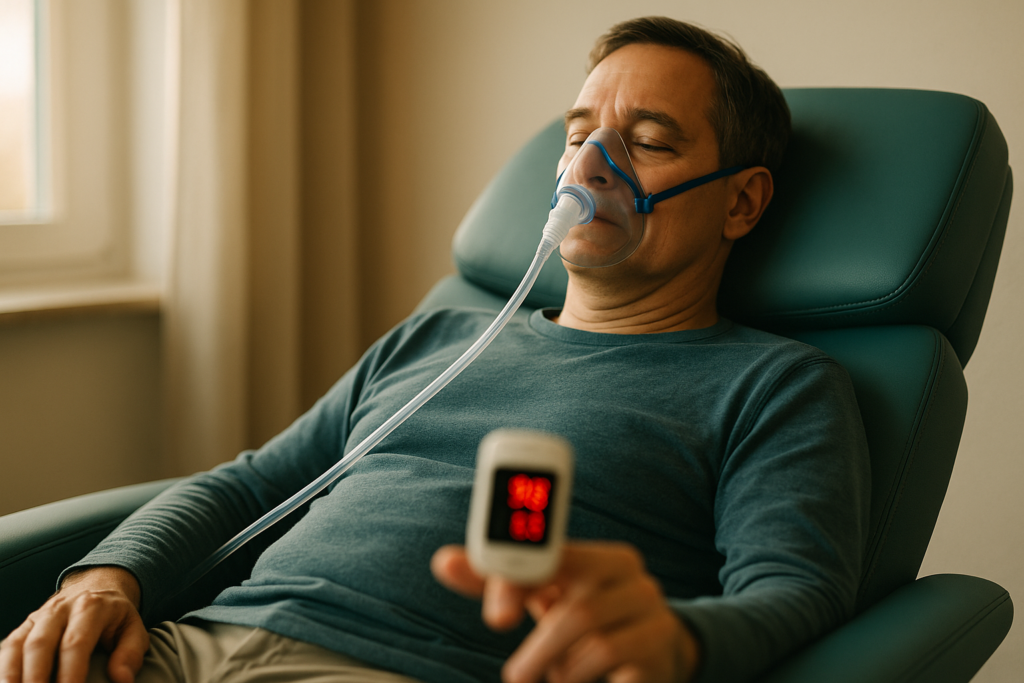 IHHT und Diabetes – Person bei einer IHHT-Sitzung mit Atemmaske und Finger-Pulsoxymeter zur Kontrolle der Sauerstoffsättigung