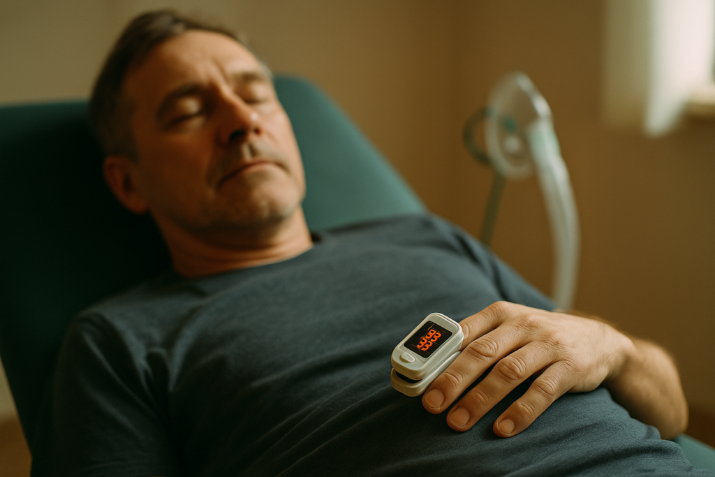 Anti-Aging-Methoden – Pulsoxymeter zeigt SpO₂-Wert am Finger einer entspannten Person während eines IHHT-Zelltrainings