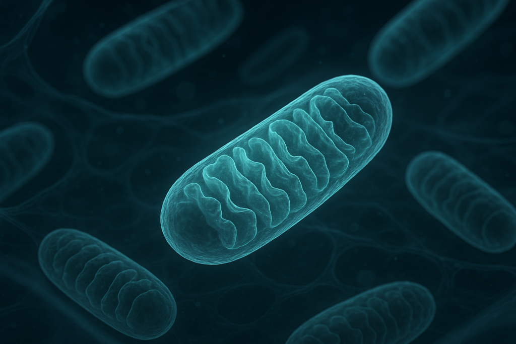 Symbolbild Zelltraining: abstrakte Darstellung von Mitochondrien in einer Zelle, blau-gruene Lichtstrukturen auf dunklem Grund